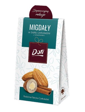 Doti_saszetka_100g_PL_3D_v01_MIGDAL_CYNAMON Migdały w białej czekoladzie z cynamonem