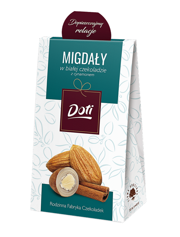 Doti_saszetka_100g_PL_3D_v01_MIGDAL_CYNAMON Migdały w białej czekoladzie z cynamonem